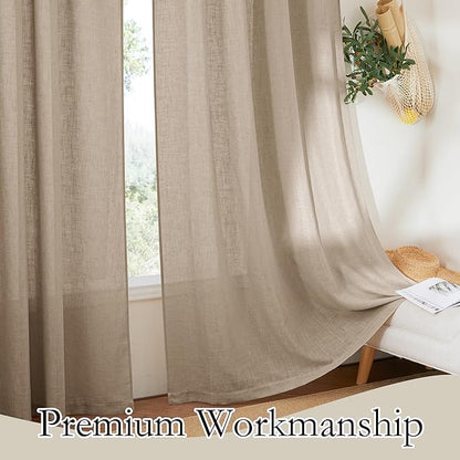 RYB HOME Natural Linen Blend Sheer Curtains for Kitchen, Semi Sheer Light Filtering Privacy Protected Rod Pocket & Back Tab Curtain Panels for Small Window, 52 x 45 inch, Khaki, 2 Panels Set
