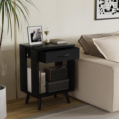 GYIIYUO Nightstands Set of 2 with Fabric Storage Drawer and Open Wood Shelf, Side Table with Storage for Bedroom, Night Stand with Drawer for Bedroom, Bedside Tables - Black 24" H