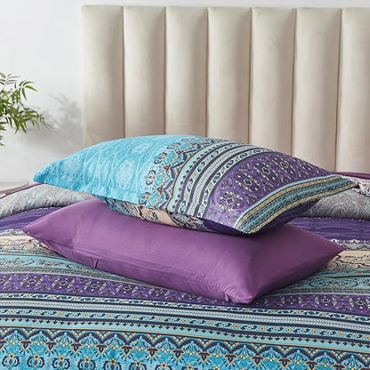 Cottolester Boho Comforter Set King Size 8 Piece Bed in a Bag Bohemian Striped Bedding Quilt Set Aqua Paisley Floral Comforter and Sheet Set,Soft Microfiber Complete Bedding Sets for All Season