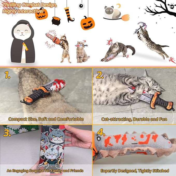 Cat Toys [8000mg Premium Catnip] Cartoon Colorful Style Horror Funny Knife Catnip Cat Toys Durable Rattle Sound Toy for All Cat Breeds Indoor Interactive Kitten Toys Get Bored Cats Active 4 PCS-Mewly Pet