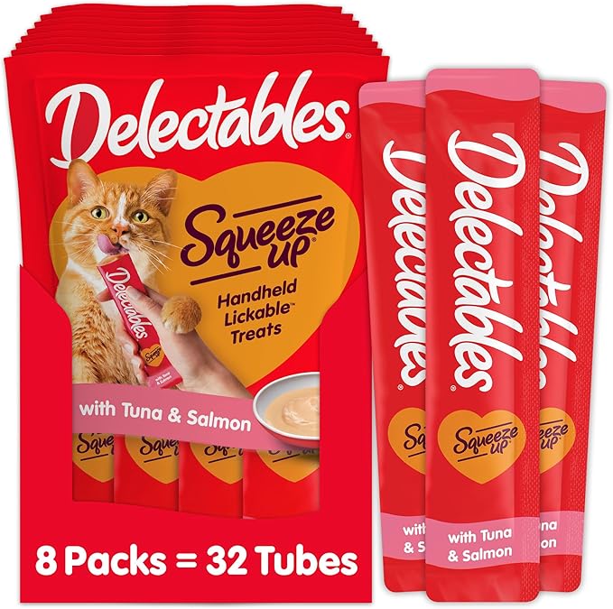 Hartz Delectables Squeeze Up Interactive Lickable Wet Cat Treats for Adult & Senior Cats, Tuna & Salmon, 4 Count(Pack of 8)-Mewly Pet