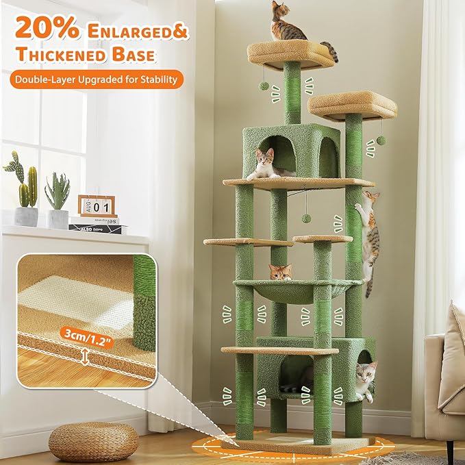 PAWZ Road Heavy Duty Cat Tree for Large Cats, 81 Inches Cactus Tall Cat Tower with 2 Perches, 2 Condos and Spacious Hammock, XL Extra Large Condo with 7 Scratching Posts for 20lb+ Adult Cats, Green-Mewly Pet