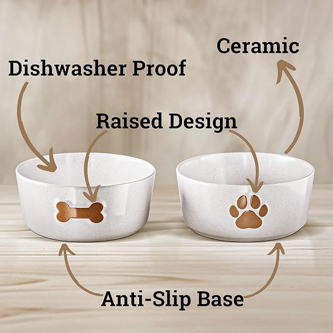 Ceramic Dog Bowl Set of 2 with Anti-Skid Base - 6.5" Wide x 2.5" Tall Ceramic Dog Bowls Medium Sized Dogs - 3.8 Cup Capacity Food and Water Bowls for Dogs - Rubber Bottom Pet Bowl Set of 2 Medium Size-Mewly Pet