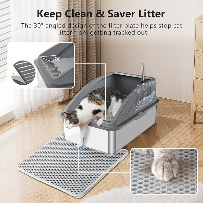 Stainless Steel Litter Box, Extra Large Litter Boxes for Big Cats, XL Metal Cat Litter Box with Lid, Anti-Urine Leakage, Non-Sticky, Include Cat Mat and Litter Scoop-Mewly Pet