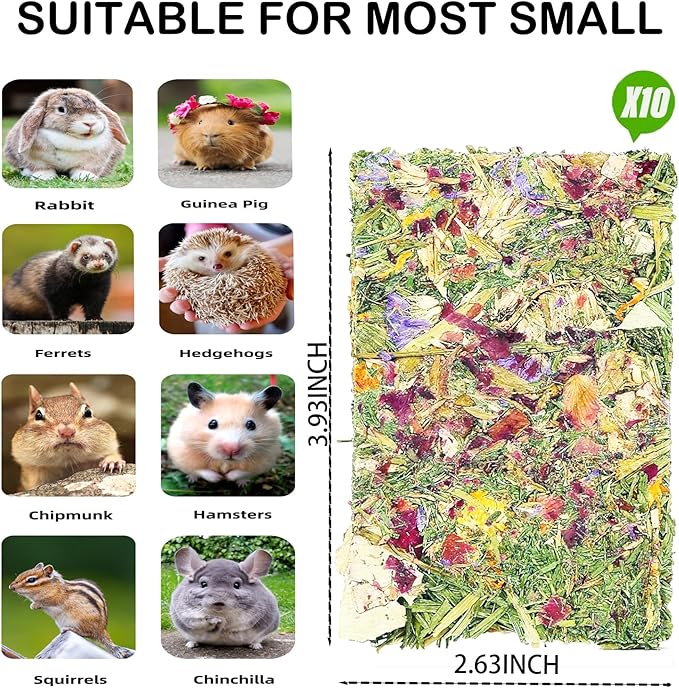 Rabbit Toys 10 Pack Bunny Toys Bunny Chew Toy Guinea Pig Treats Timothy Hay Toy Chips with Herbal Flowers Timothy Hay Grass Hamster Snacks Chinchillas Gerbils for Small Animals Teeth-Mewly Pet