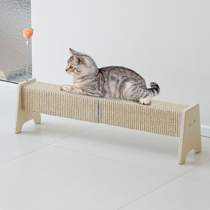 Cat Scratching Post, 30" Horizontal Sisal Scratch Post for Indoor Cats, Durable Cat Furniture Protector with Spring Toy-Mewly Pet