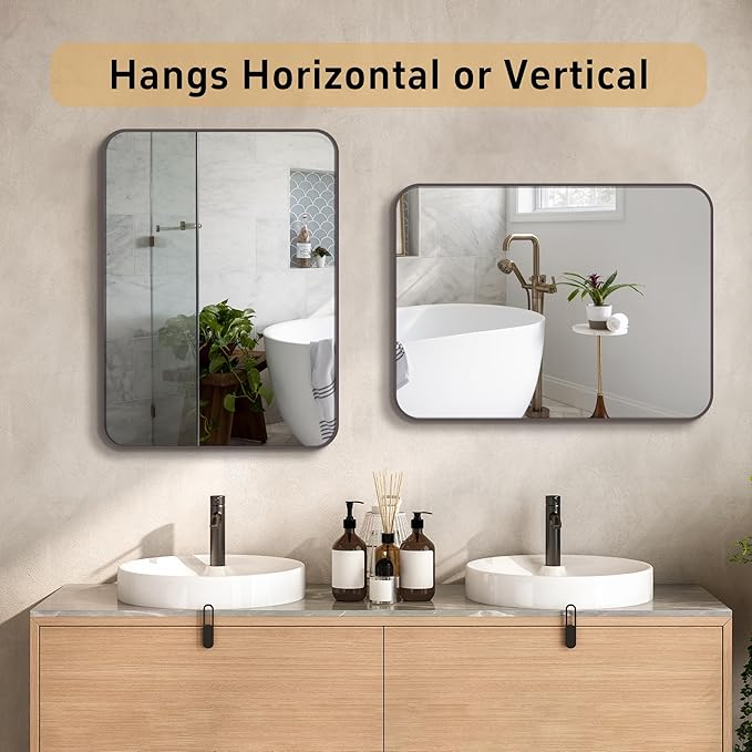 24"x36" Brushed Titanium Metal Framed Rounded Rectangle Mirror, Dark Grayish Brown Wall Mounted Mirrors for Bathroom Entryway Vanity Living Room Bedroom, Vertical or Horizontal