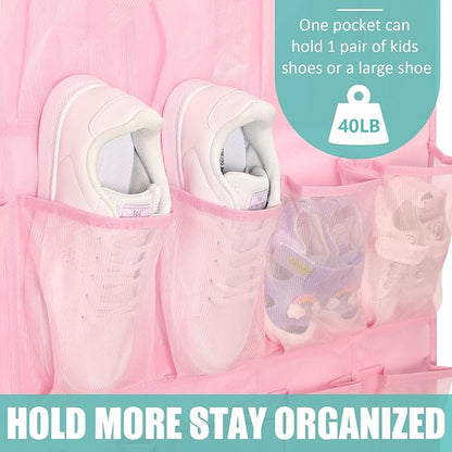 Tiblue Over The Door Shoe Organizers Pink with 35 Mesh Pockets Baby Organizer Storage Hanging Shoe Organizer Shoe Holder Rack For Toddler Girl Room Baby Room Craft Room Bedroom Pantry Bathroom Closet
