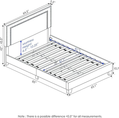 Furinno Laval Double Row Nail Head Upholstered Platform Bed Frame, Queen, Stone