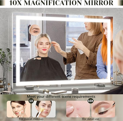 32x 22 Inch Large Lighted Vanity Mirror with Dimmable 3 Modes, LED Makeup Mirror for Bathroom ＆ Dressing Room, Tabletop or Wall-Mounted, White