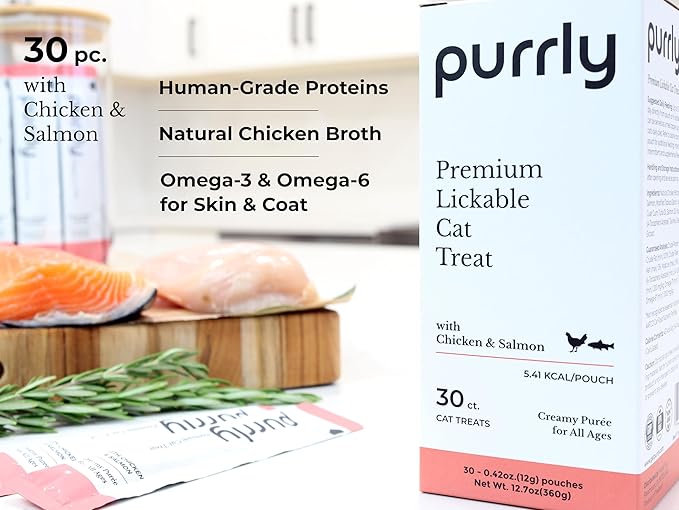 Purrly Hydrating Wet Cat Treat Snack Topper Creamy Purée Human-Grade Chicken Breast & Salmon with Omega-3 & 6 for Skin & Coat (30 Count) Healthy Lickable Squeeze Soft Snack-Mewly Pet