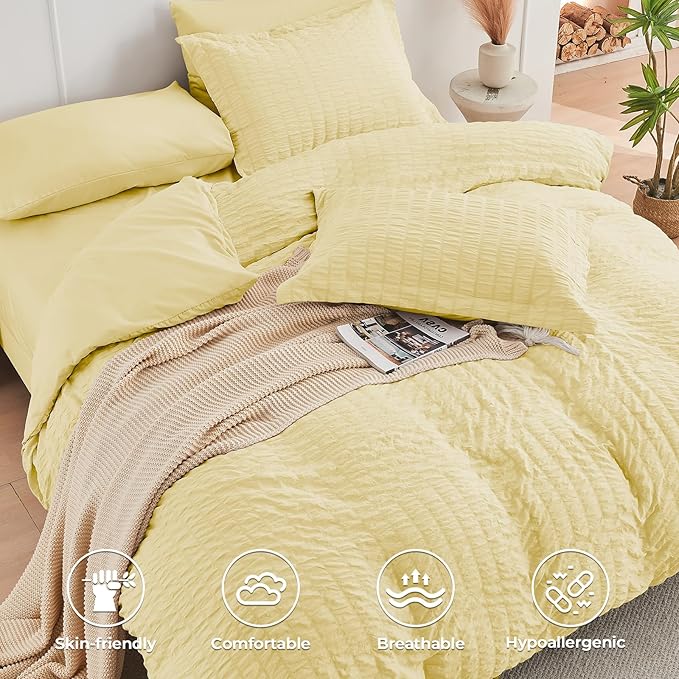 HYMOKEGE Yellow California King Comforter Set Seersucker 7 Pieces, All Season Luxury Bed in a Bag for Bedroom, Bedding Set with Comforter, Sheets, Pillowcases & Shams
