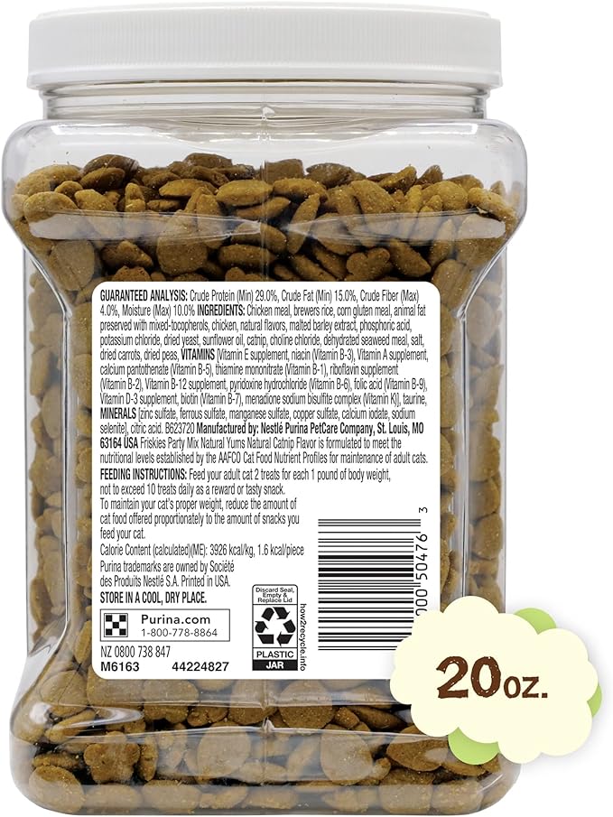 Purina Friskies Made in USA Facilities, Natural Cat Treats, Party Mix Natural Yums Catnip Flavor - 20 oz. Canister-Mewly Pet