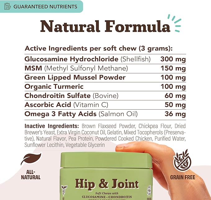 Natural Dog Company Hip & Joint Chews for Dogs with Glucosamine for Dogs + Chondroitin, MSM & Turmeric, Supports Mobility & Reduces Discomfort, Stiffness, Natural Pain Relief Joint Supplement. 180 Ct-Mewly Pet