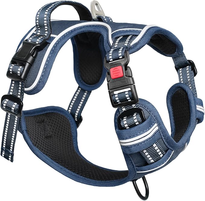 Timos Dog Harness Large Sized, No Pull Pet Harness with Neck Lockable Snap,No Choke Front Clip Dog Reflective Vest,Adjustable Metal Rings 3 Buckles,Easy Control Handle for Large Dogs Royal Blue L-Mewly Pet