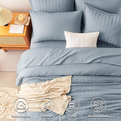 CozyLux Grayish Blue Full Size Comforter Sets with Sheets 7 Pieces, Dusty Blue Seersucker Bed in a Bag Textured Luxury Soft Bedding Set with Down Alternative Comforter, Sheets, Pillowcases & Shams