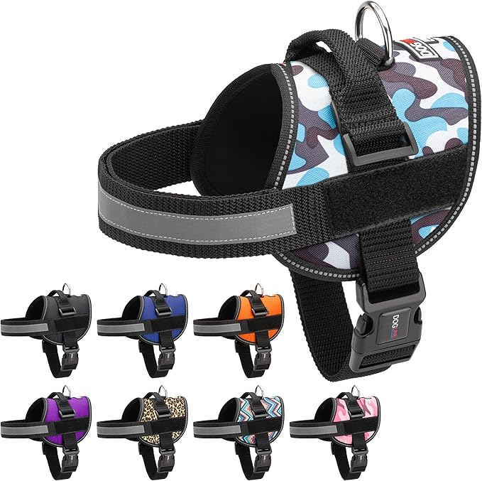 Dogline Dog Harness, Reflective No-Pull Adjustable Vest with Handle for Walking, Training, Breathable, No - Choke Harness for Small, Medium or Large Dogs Room for Patches Girth 27 to 34 in Blue Camo-Mewly Pet