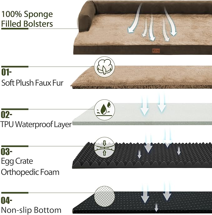 Orthopedic Dog Beds for Extra Large Dogs, Waterproof Dogs Beds XLarge, Memory Foam Dog Couch Beds with Comfy Bolster, Removable Washable Cover and Nonskid Bottom (X-Large,Brown)-Mewly Pet