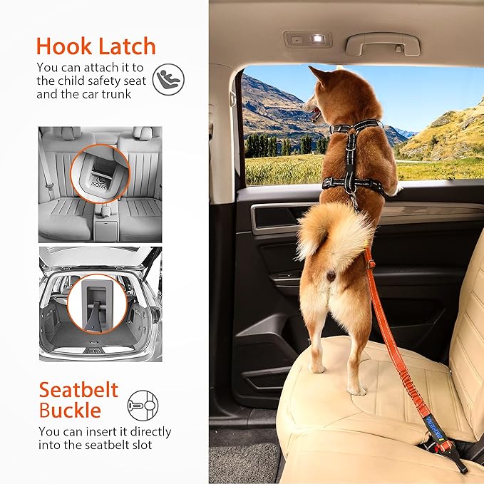 IOKHEIRA Orange Dog Seatbelt - Adjustable Reflective Bungee Harness with Aluminum Swivel Carabiner-Mewly Pet