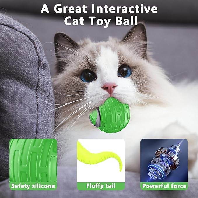Cat Toys,Interactive Cat Toys Ball for Bored Indoor Cat,Automatic Rolling,Drop Resistant and Obstacle Avoidance,2 Modes Adjustment,Fluffy Tail and USB Type-C Rechargeable（Green）-Mewly Pet