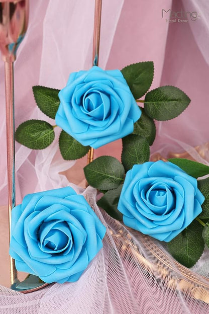 MACTING Artificial Flower Roses 30PCS Real Touch Fake Foam Roses with Stem Fake Flowers for DIY Wedding Bridal Bouquets Party Baby Shower Home Indoor Outdoor Spring Mothers Day Decor(Dark Teal Blue)