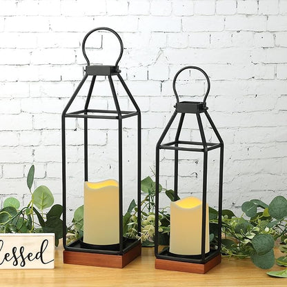 Perfnique Metal Lanterns w/ Pine Wood, Set of 2 Farmhouse Lantern Decorative w/ Waterproof Flameless Candle & Remote Timer, Modern Farmhouse Candle Holder for Outdoor, Porch, Fireplace(Wood Base)