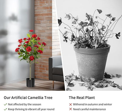 Artificial Camellia Tree 2 Pack, Artificial Plants Outdoor Faux Floral Plant in Cement Pot Fake Silk Camellia Tree Plants for Home House Living Room Office Decor