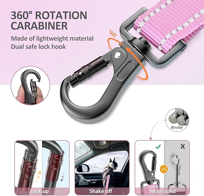 IOKHEIRA Dog Seat Belt 3-in-1 Car Harness for Dogs Adjustable Safety Seatbelt for Car Nylon Reflective Bungee Fabric Dog Car Harness with Clip Hook Latch & Buckle, Swivel Zinc Alloy Carabiner (Pink)-Mewly Pet