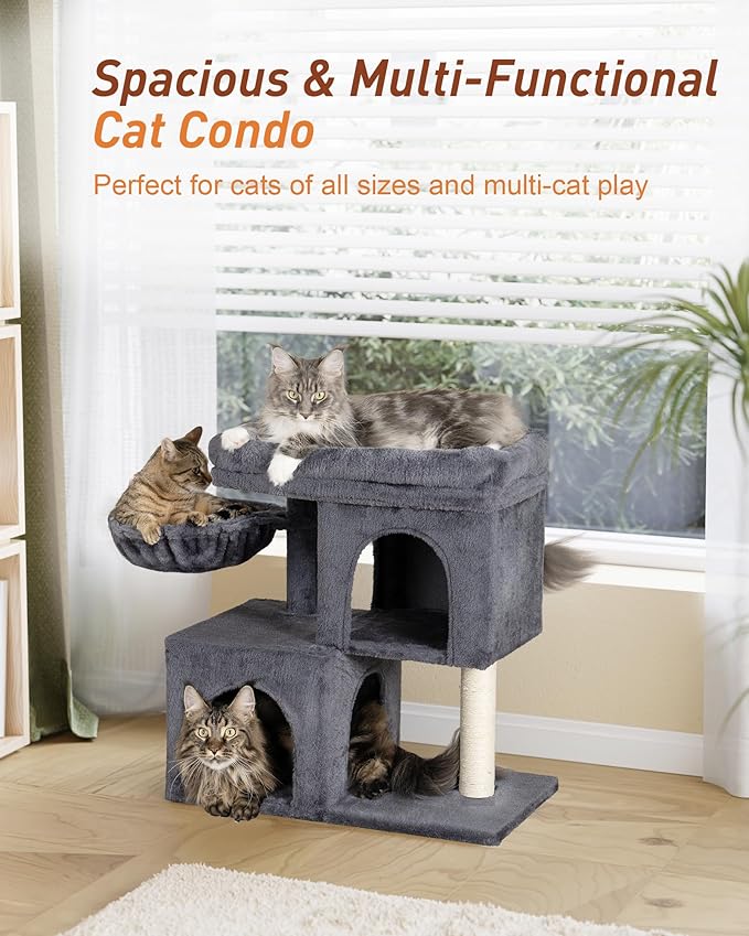 Cat Tree with Large Top Perch, 21.6in Cat Tower with Big Hammock and Dual Condos, All-in-one Cat Activity Center-Mewly Pet