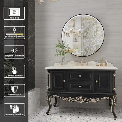 28 Inch Round LED Bathroom Mirror, Black Metal Framed Lighted Mirror for Bathroom, Wall Mouted LED Vanity Mirror with Lights, 3 Colors and Stepless Dimmable, Anti-Fog, Memory
