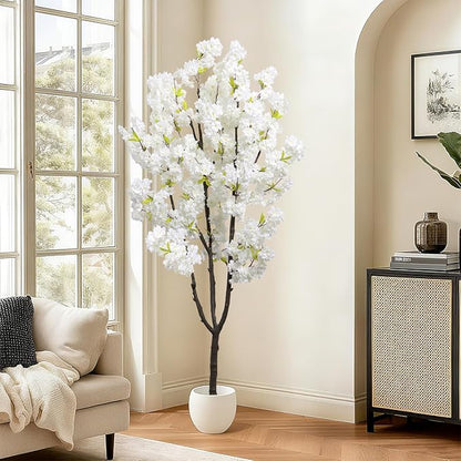 Faux White Cherry Blossom 6ft(72in) Artificial Floor Plant for Indoor Decor Natural Potted Tree with Texture Flowers and Realistic Wood Trunk for Home Living Room,Office Perfect Housewarming Gift