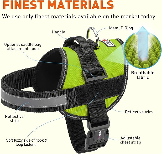 Dogline Dog Harness, Reflective No-Pull Adjustable Vest with Handle, Breathable No-Choke Harness for Small, Medium or Large Dogs Room for Patches Girth 15 to 18 in Lime Green-Mewly Pet