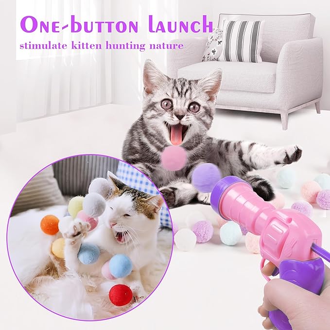 Mewlmart Interactive Cat Toys for Indoor Cats Pink Cat Pom Pom Balls Plush Ball Launcher Cat Fetch Toy Enrichment Toys 30 Balls-Mewly Pet