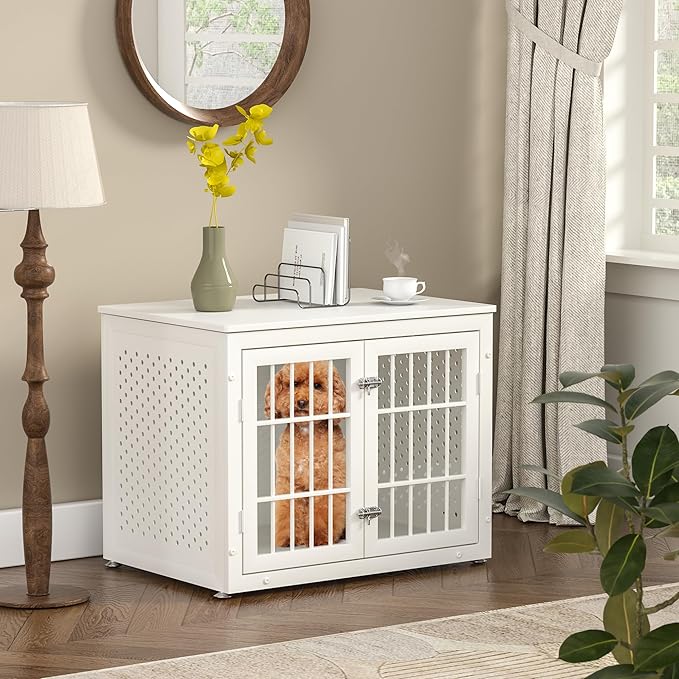 32" Heavy Duty Dog Crate Furniture for Small and Medium Dogs, Metal Kennel for High Anxiety Dogs, Chew Proof Pet Cage Indoor, Decorative Dog Kennel End Table, White-Mewly Pet