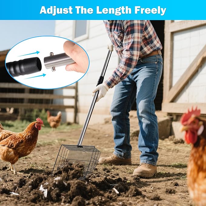10inch Large Metal Chicken Poop Scooper,32 to 67" Adjustable Long Chicken Coop Litter Scoop,Heavy Duty Sifting Shovel for Chicken Coop & Pet Waste Cleaning-Mewly Pet