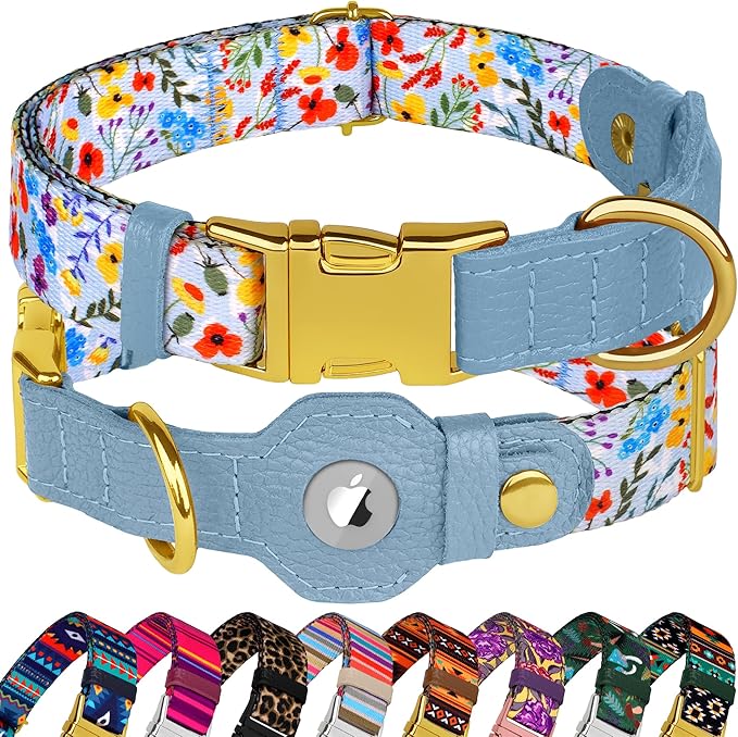 AirTag Dog Collar for Small Medium Large Breed - Adjustable Cute Pattern Dog Collar with Airtag Holder - Soft Leather Tracker GPS Apple Air Tag Pet Collars (Small, 12"-15" Neck Fit, Floral)-Mewly Pet