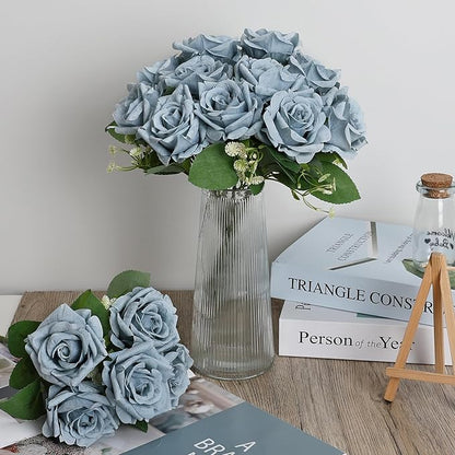 Artificial Roses Bouquets - 8 Bundles Fake Silk Flowers Realistic Faux Florals Bulk for Wedding Bridal Party Baby Shower Event Home Arrangements Centerpieces Decorations (Dusty Blue)