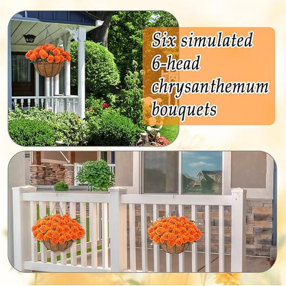 Fall Mums Artificial Flowers Hanging Basket for Outdoor Fall Porch Decor Fake Marigolds 6 Bundle Faux Silk Orange Flower Bouquet Chrysanthemum UV Resistant Realistic Plant for Autumn Table Home Decor