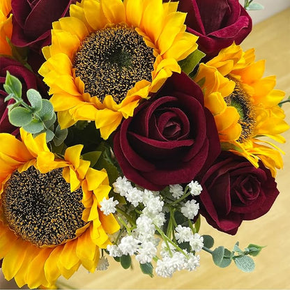 24PCS Fake Rustic Combination Flowers Artificial Fall Decor Long Single Stem Flower Include Sunflowers Babys Breath Burgundy Roses and Green Eucalyptus Stems for Wedding Home Party Decor