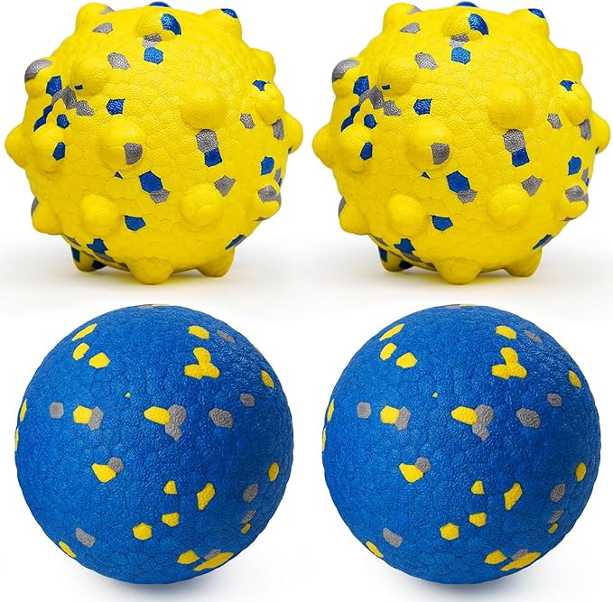 Dog Tennis Balls for Aggressive Chewers, Indestructible Durable Bouncy Interactive Toy for Dogs Fetch Game Lightweight Floating Outdoor Training(2 Yellow Point+ 2 Blue Circle Large)-Mewly Pet