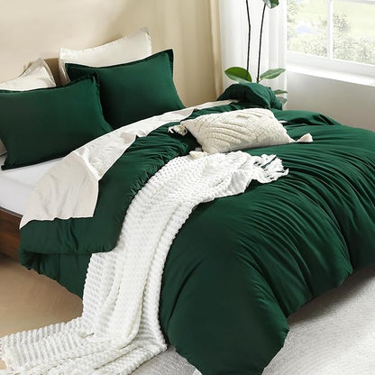 Litanika Dark Emerald Green Full Comforter Set, 3 Pieces Solid Forest Bedding Set, All Season Fluffy Bed Set (79x90In Comforter & 2 Pillowcases)