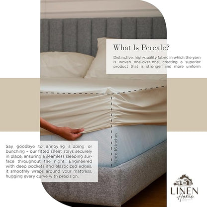 Linen Home 100% Cotton Percale Sheets King Size, Light Taupe, Deep Pocket, 4 Pieces Set - 1 Flat, 1 Deep Pocket Fitted Sheet and 2 Pillowcases, Crisp Cool and Strong Bed Linen