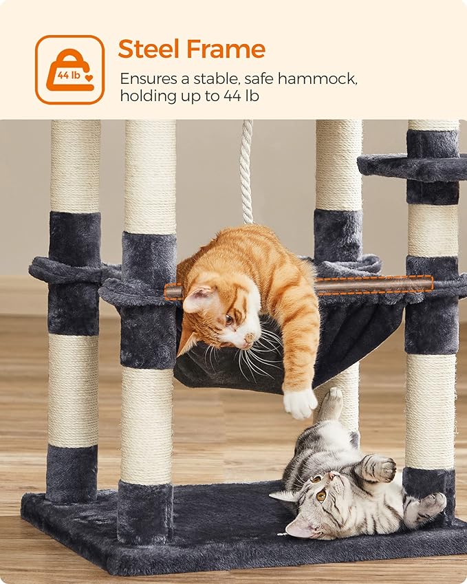 FEANDREA Cat Tree, Cat Tower for Indoor Cats, 56.3-Inch Cat Condo with Scratching Posts, Hammock, Plush Perch, Smoky Gray UPCT15GYZ-Mewly Pet