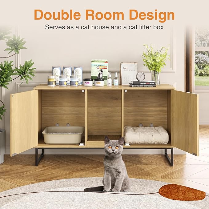 Litter Box Enclosure for 2 Cats, Fluted Hidden Cat Litter Box Furniture with Scratch Pad and Metal Legs, Modern Double Room Kitty House for Living Room, Washroom, 47.2”L x 17.7”W x 25.9”H, Natural-Mewly Pet