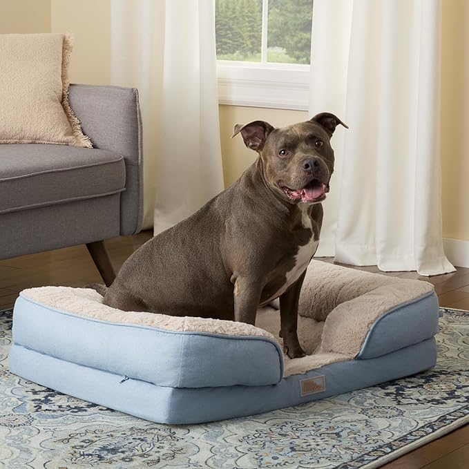 TOWN & COUNTRY EVERYDAY CuddleTown Comfy Solid Bolster Sofa Pet Bed, Supportive & Calming Egg Crate Foam, Non-Slip Bottom, Machine Washable Cover, Blue, Large 35"x25"x8"-Mewly Pet