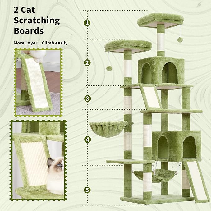 Cat Tree for Indoor Cats, 71'' (180cm) Multi-Level Cat Tower for Large Adult, Sturdy Cat Tree House with 2 Scratching Boards 7 Posts, 2 Plush Perches/Condos, Hammock, Green GCT032GR-Mewly Pet