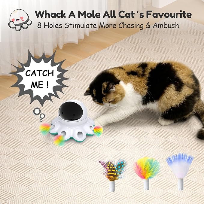 ORSDA Cat Laser Toy, 2-in-1 Interactive Automatic Motion Activated Moving 8 Holes Whack A Mole Feather, USB Rechargeable Electronic Smart Sensor Kitten Toys for Indoor Exercise-Mewly Pet