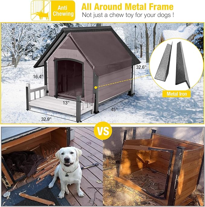 Aivituvin Dog House Outdoor With Metal Frame, Insulated Dog Kennel Outside for Small To Medium Breed, 45" Weatherproof Large Dog Shelter with Anti-Chewing Iron Frame, White (45" D x 32.9" W x 32.6" H)-Mewly Pet