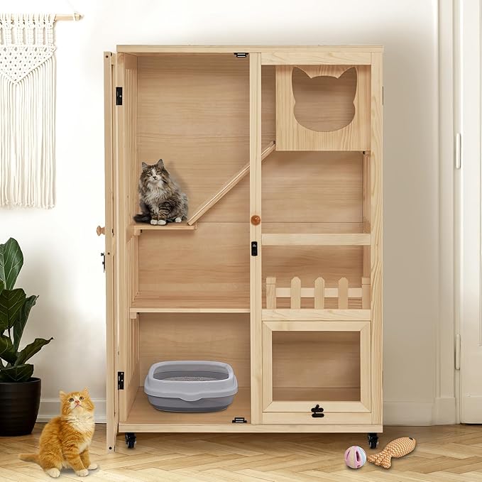 MCombo Wooden Cat Houses for Indoor Cats, Luxury Kitten House with Scratching Pad, Lockable Doors, Wheels, CT090-Mewly Pet