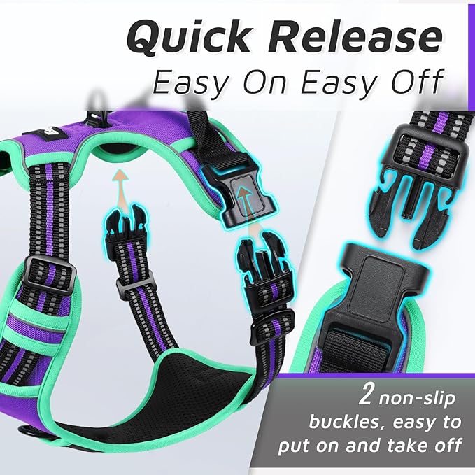 Eagloo Dog Harness Small Sized Dog, No Pull Service Vest with Reflective Strips and Control Handle, Adjustable and Comfortable for Walking, No Choke Pet Harness with 2 Metal Rings, Purple & Green, S-Mewly Pet